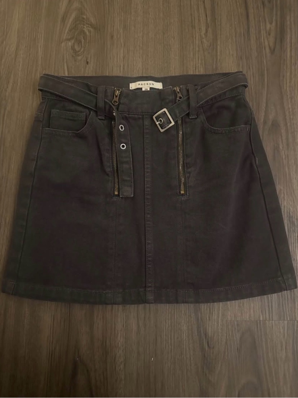 PacSun Size 26 Black Denim Mini Skirt with Dual Zips and Buckle Belt